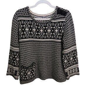J. Jill Vintage Black Cream Embroidered Nordic Pocket Sweater Size S